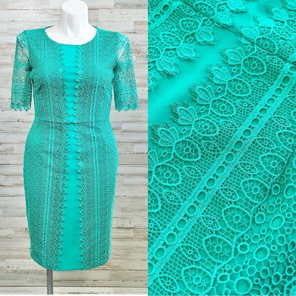 Antonio Melani Crochet Lace Sheath Dress Womens Size 10 Green Short Sleeve - Picture 1 of 14